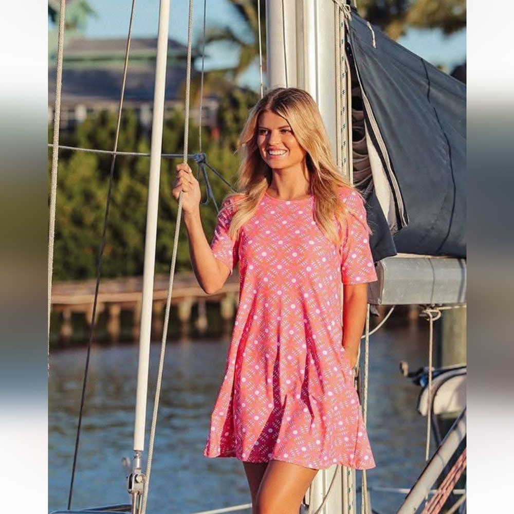 All For Color Pink And Orange Casual Dress Crew Neck Short Sleeve UPF 50 - Picture 3 of 6